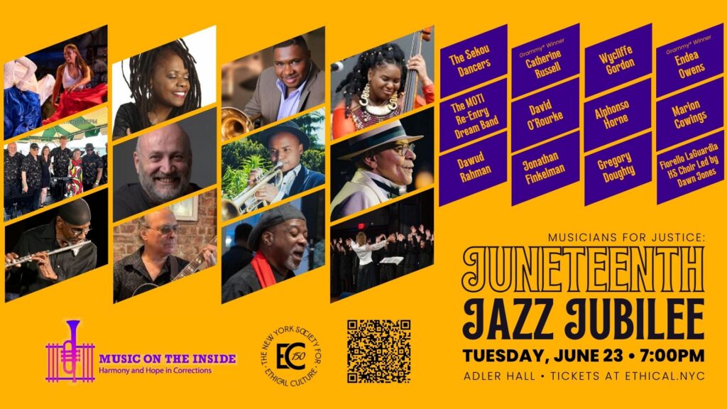 Promotional poster for Juneteenth Jazz Jubilee with diverse musicians and orange background, featuring performer photos and event details (Tuesday, June 23, 7:00 PM).