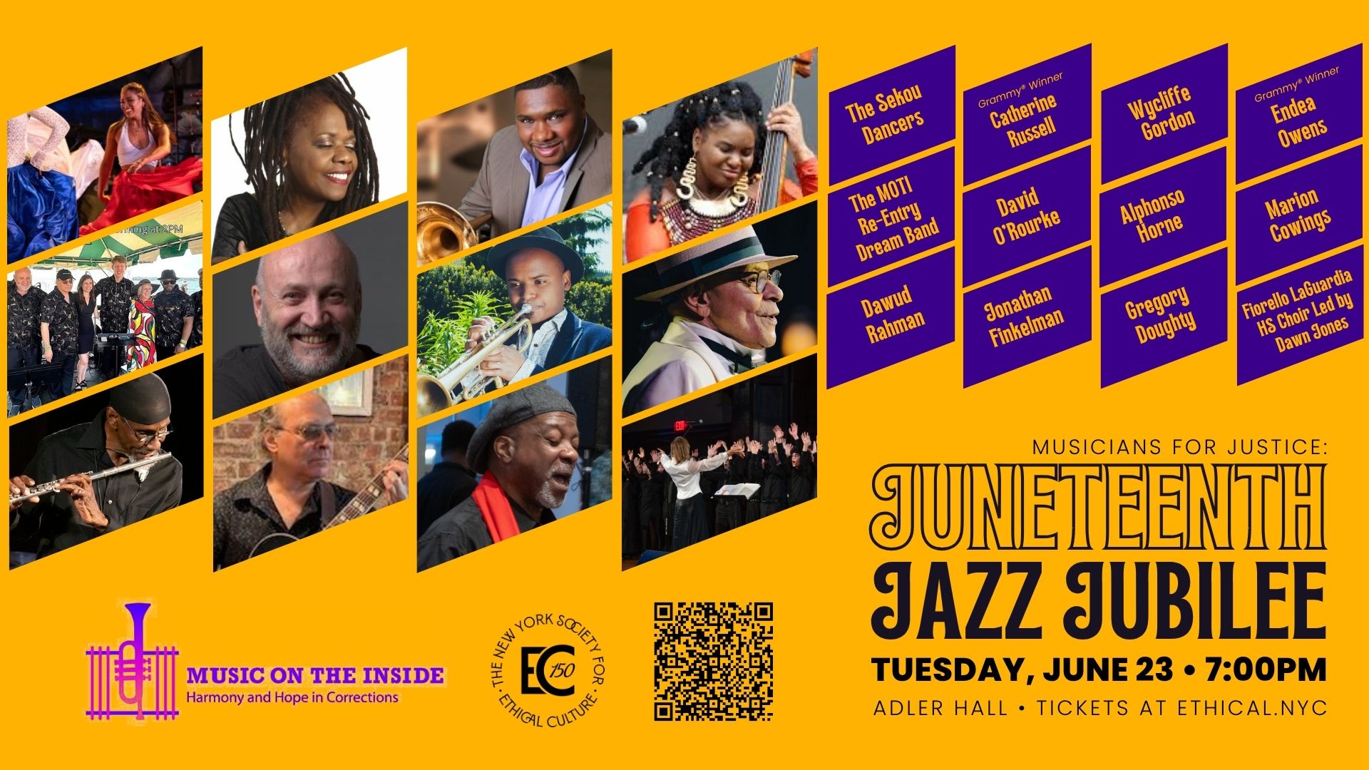 Promotional poster for Juneteenth Jazz Jubilee with diverse musicians and orange background, featuring performer photos and event details (Tuesday, June 23, 7:00 PM).