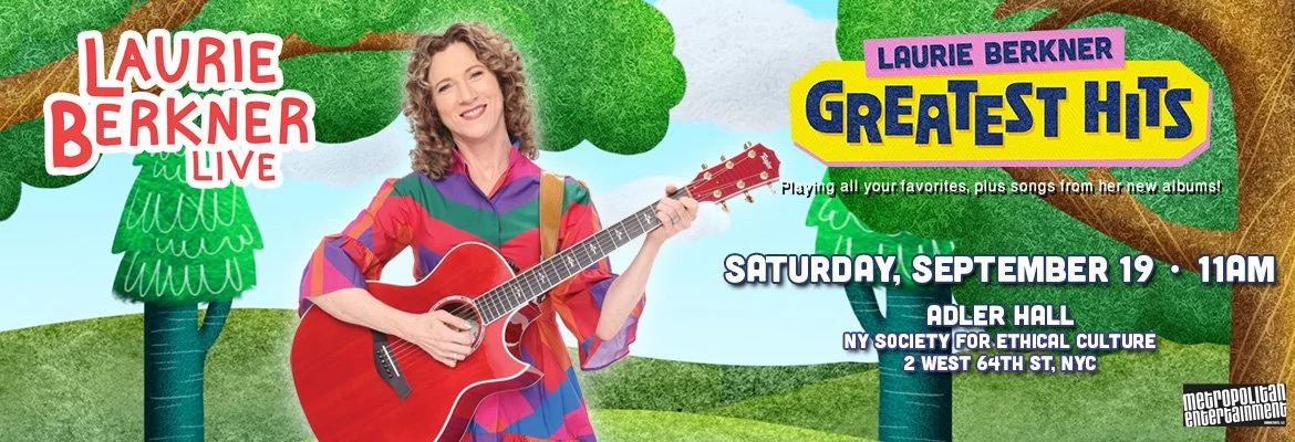 Laurie Berkner Greatest Hits banner showing a smiling woman with a red guitar in a colorful outdoor scene.