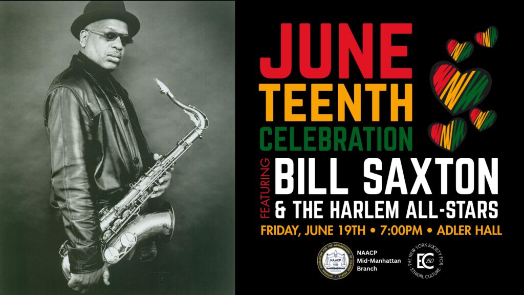 Black-and-white portrait of a man in a leather jacket and hat holding a saxophone, beside a Juneteenth celebration poster on the right.