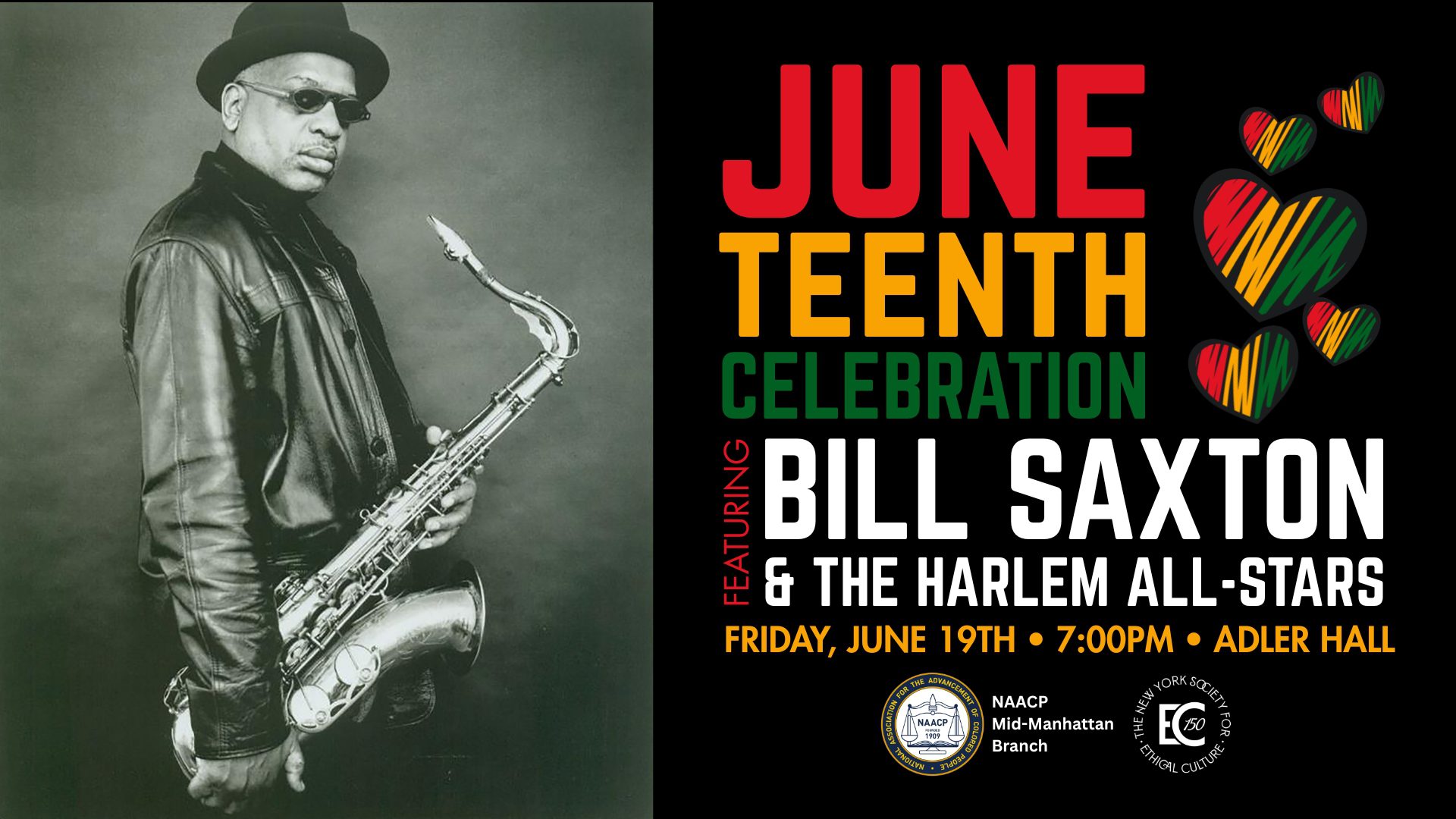 Black-and-white portrait of a man in a leather jacket and hat holding a saxophone, beside a Juneteenth celebration poster on the right.